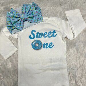 Blue Sweet One Onesie and Headwrap 12 Months